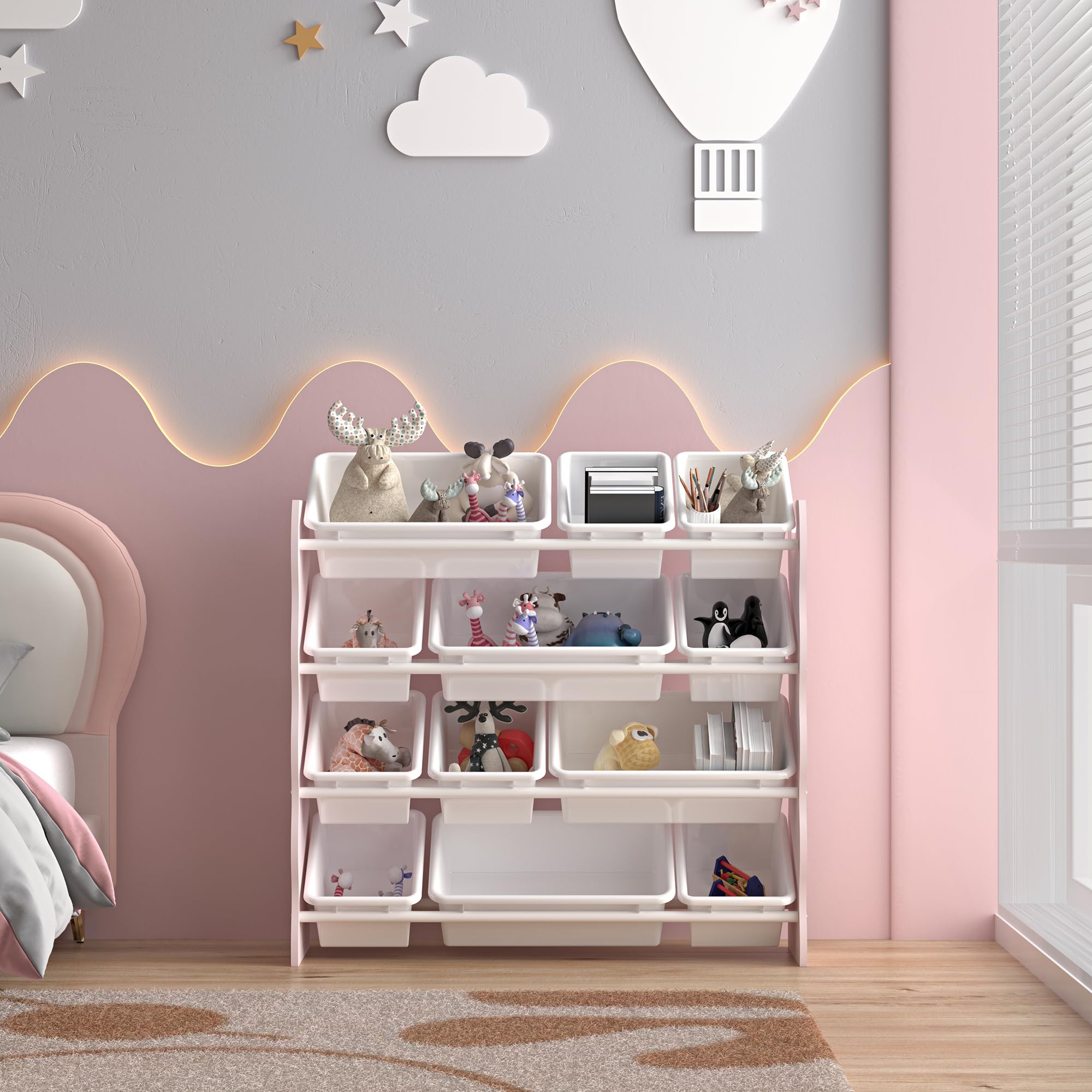 [en.casa] Kinderregal Vestnes mit 12 Aufbewahrungsboxen Spielzeugregal mit Wellendesign Spielregal Kinderzimmer Organizer Cotton Candy/Weiß