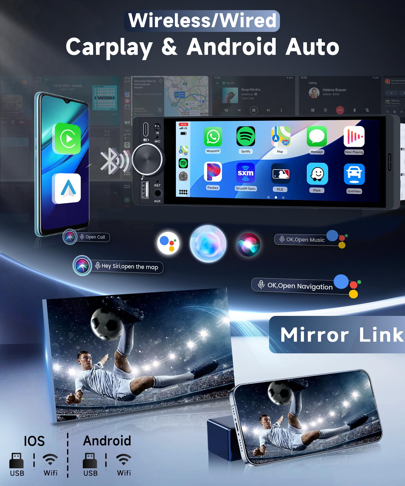 VECHTEL Autoradio 1 Din avec Carplay Android Auto sans Fil, 6.28 Pouces Incell HD Écran Tactile Poste Radio Voiture Soutien Bluetooth 5.2 Radio FM EQ USB/Type-C/AUX Mirror Link SWC Caméra de Recul