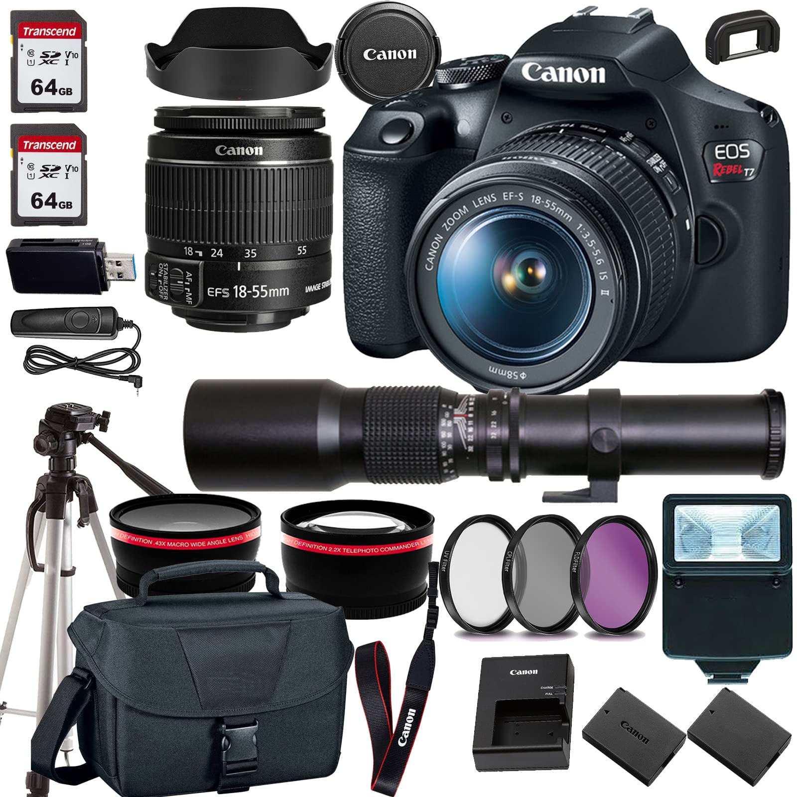 Canon EOS Rebel T7 DSLR Camera with 18-55mm+500mm f/8.0 Telephoto Lens+case+128Memory Cards (24PC) (Renewed)