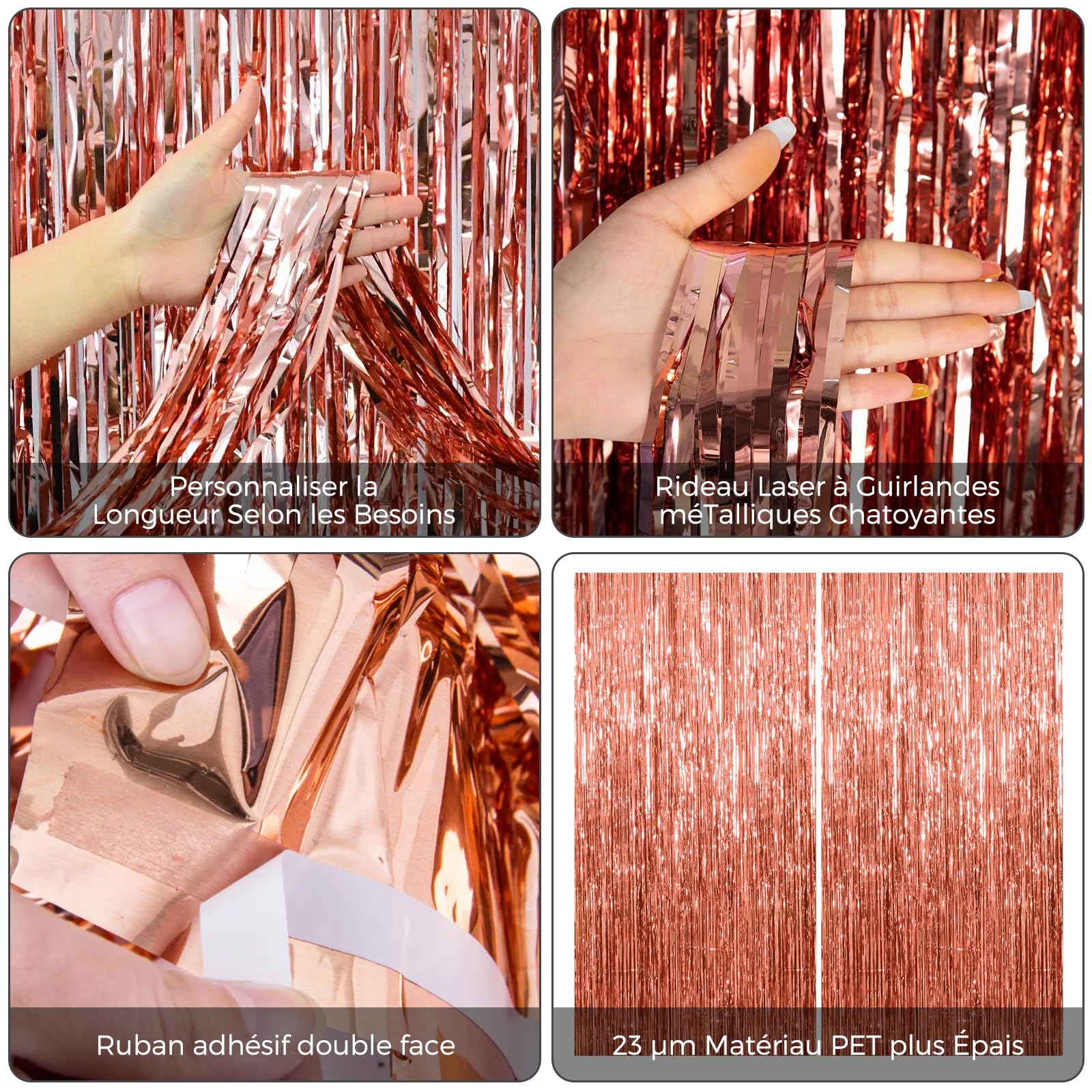 2 Rideaux Métallique Rosegold Brillant Tinsel （1×2m）, décoration en Feuille de Paillettes pour Le Nouvel an, fête de Marriage, Decoration Anniversaire Rideaux à Franges en Aluminium