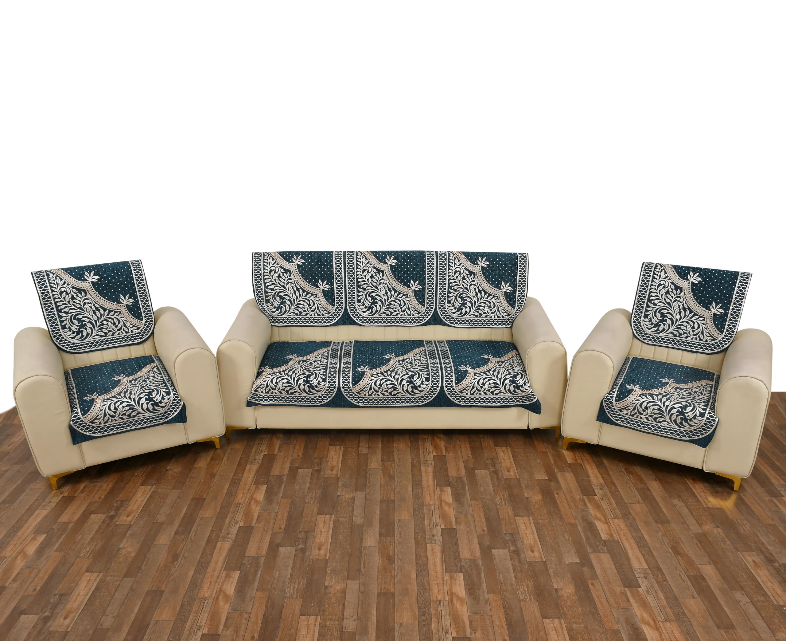 Super Soft Velvet 5 Seater Sofa Cover Set (3+1+1) - Elastic Fitted Furniture Leaf Print Protector Slipcover - Heavy Duty Velvet Fabric for Living Room, 69 x 27 Inches, Blue-image-27