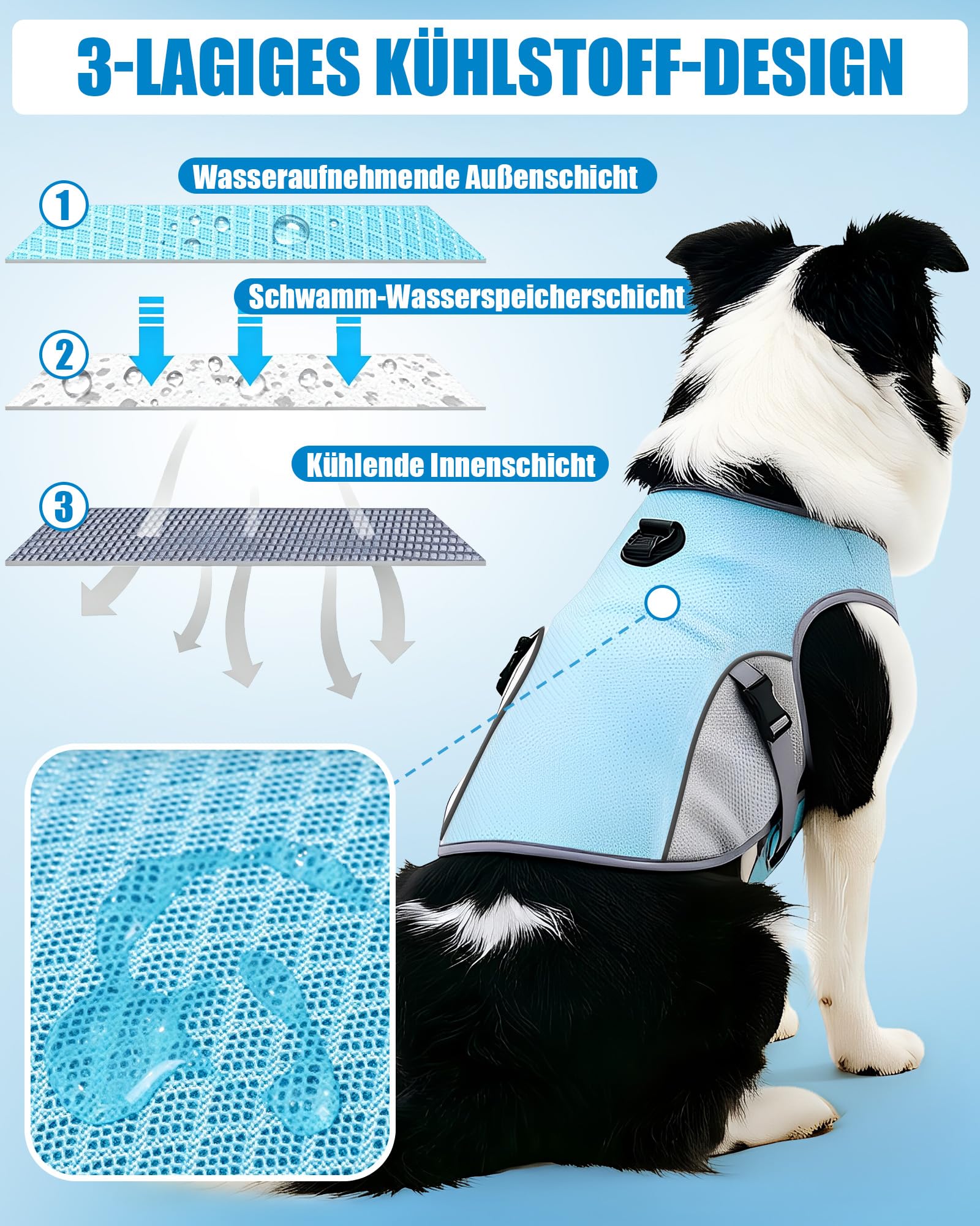 Kühlweste Hund mit 2 m Leine, Hunde Kühlweste für Kleine und Große Hunde, Reflektierende und Atmungsaktive Kühljacke für Sommer, Outdoor und Training