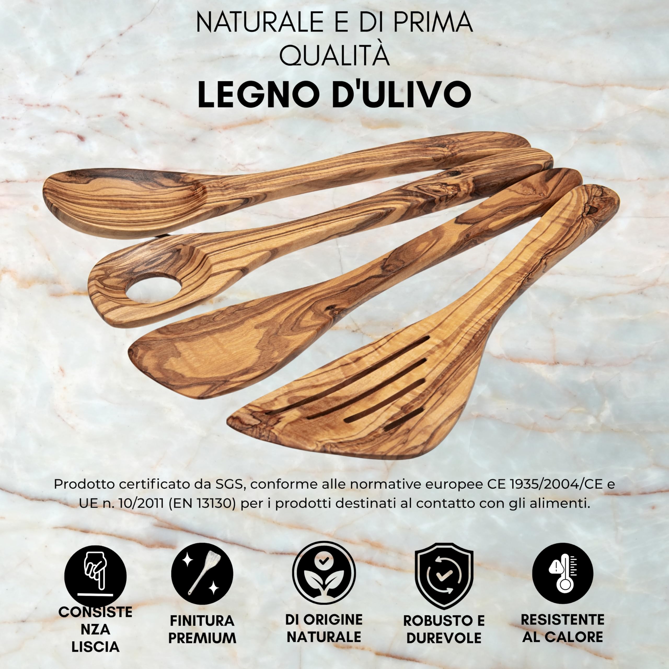 Erreke Set Utensili Cucina Legno, Realizzati a Mano in Ulivo Mediterraneo, Set Mestoli Cucina Legno, Cucchiaio, Spatola, Mensolo, Resistenti al Calore e Durevoli, 4 Pezzi