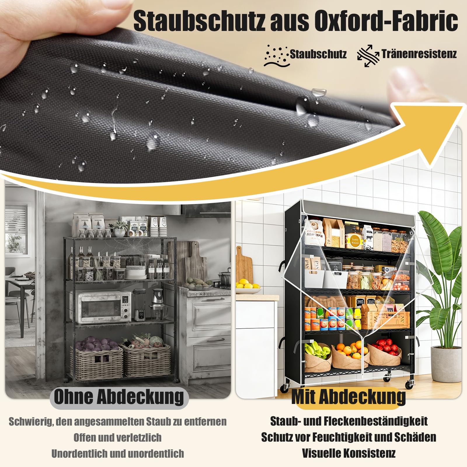 KZOBYD Scaffale alto 185 cm con copertura e ruote, scaffale in metallo resistente a 5 ripiani, scaffale in metallo con ripiani regolabili, scaffale portaoggetti per cucina e garage