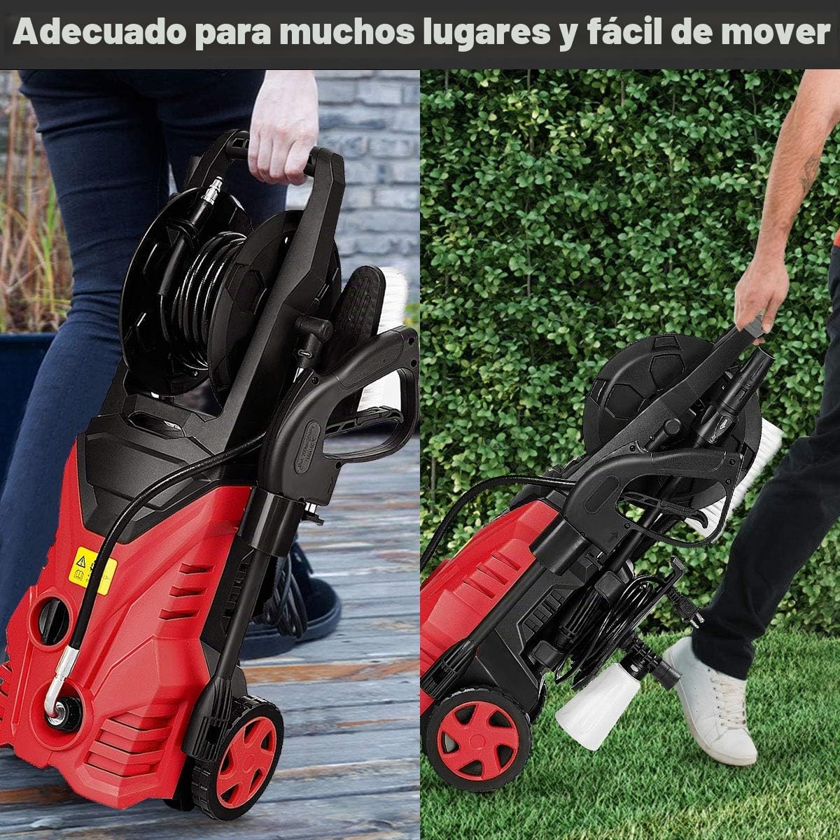 GOPLUS Limpiador de Alta Presión 1400W, 140 Bar, 300 L/H con Boquilla Lotus, Boquilla de Alta Presión, Cepillo y Bote de Lejía, Enrollador de Manguera Flexible, con 2 Ruedas para Coche, (Rojo)