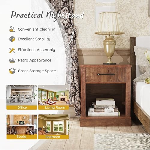Miniatura 4 de Giantex Juego de 2 mesitas de noche de granja, mesa auxiliar rústica con cajones y compartimento abierto, mesa auxiliar de sofá de madera para