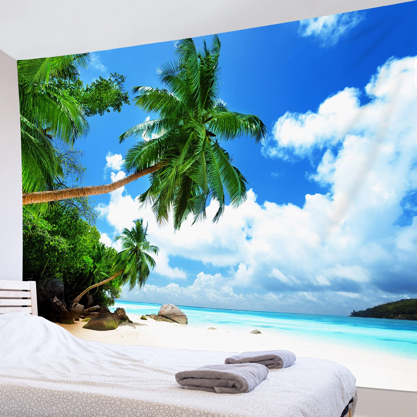 Amazon.co.jp: LB ビーチ風景 タペストリー ヤシの木と海 青空と白雲