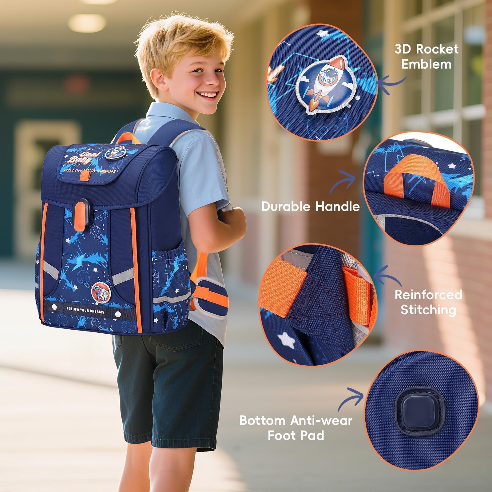 Amythe Schulrucksack Jungen Ergonomisch 1-4. Klasse mit Brustgurt,Blau | Kinderrucksack Schule 6-10 Jahre Schulranzen mit Abnehmbarer Gürtel und Reflektierend 24L, Blau