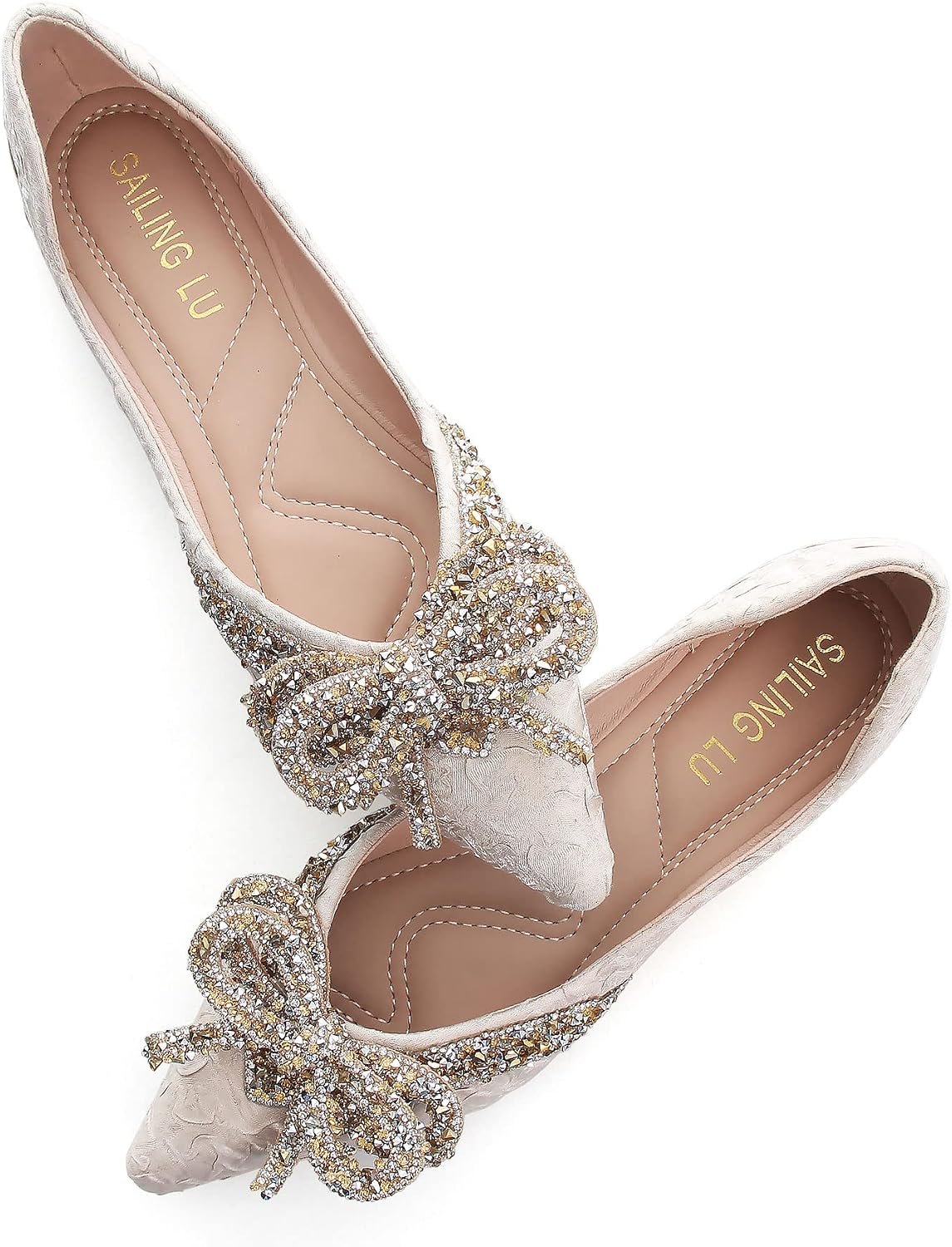 SAILING LU Cute Bowknot Ballet Flats for Women Pointed Toe Crystals Shoes Comfort Light Weight Loafers