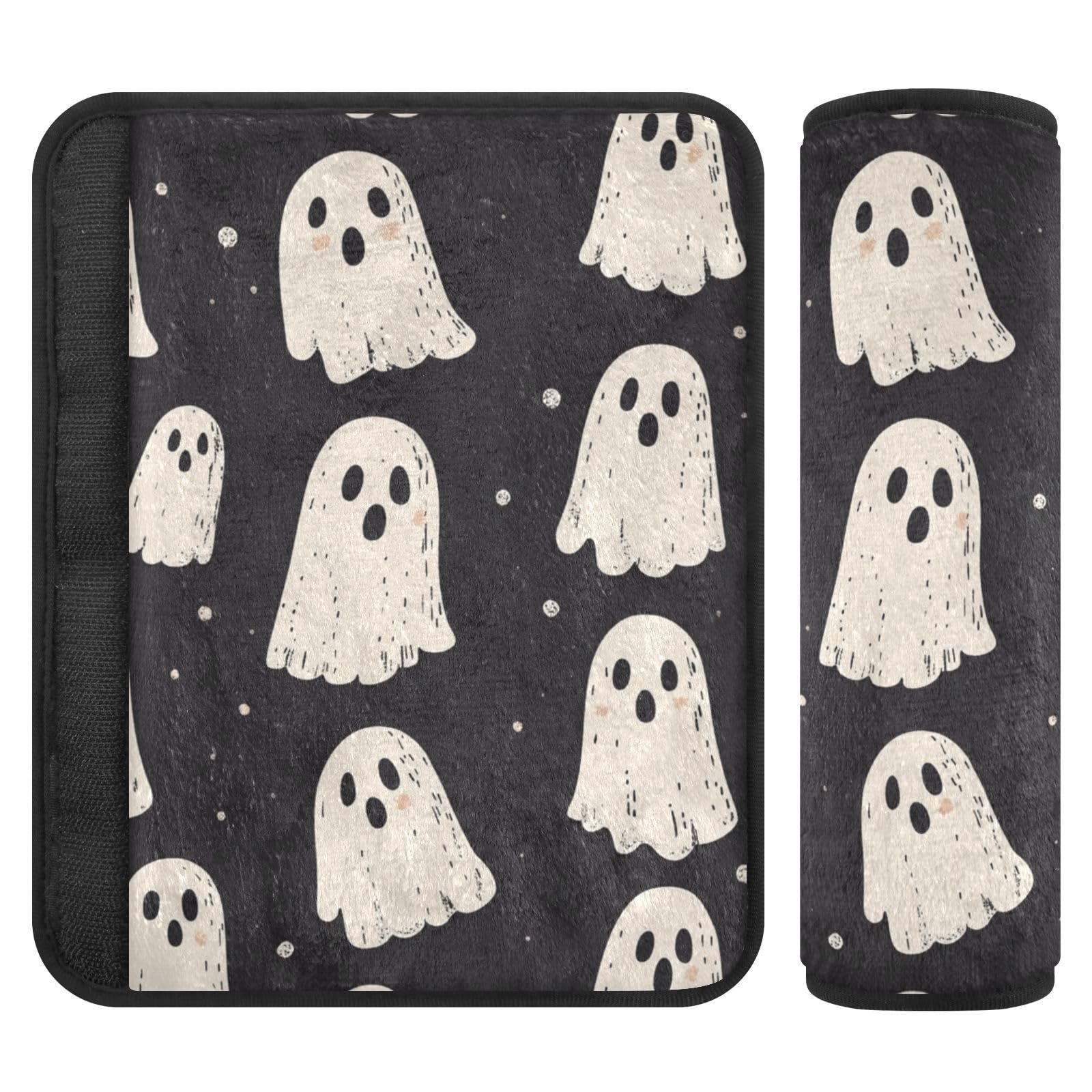 Cute Halloween Ghost Black Seat Belt Cover Pad 2 Pcs Soft Cute Seatbelt Covers Protector Support Head Neck Shoulder Strap for Car Seats High Chair Backpack for Adults Kids Women Men 10x7.7In 2