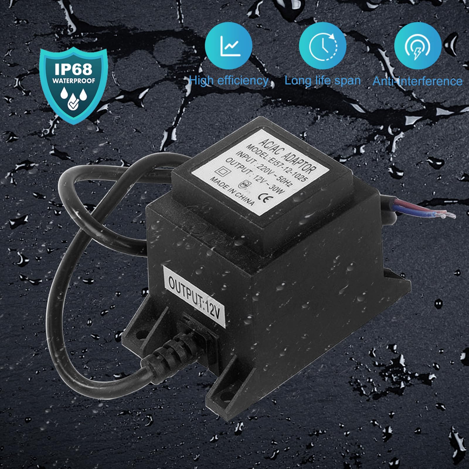 Transformator LED, 12 V/24 V AC/AC, zewnętrzny zasilacz sieciowy IP68, transformator 220 V 12 V/24 V LED z wtyczką do oświetlenia LED i pompy do stawu, czarny (12 V 30 W)