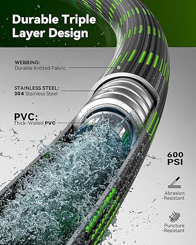 Miniatura 4 de RAINPOINT Mangueras de jardín de metal para patio de 100 pies, manguera de agua 304 sin torceduras de 100 pies con boquilla de 10 modos, conexión de