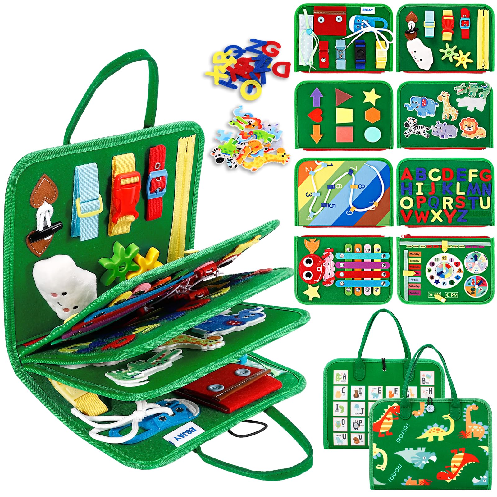 EsjayToddler Busy Board Montessori Toys for Boys and Girls, Sensory Board Educational Activities for Learning Fine Motor Skills, Birthday Gifts Toddlers, Travel Toys for Airplane Car, Green Dinosaur