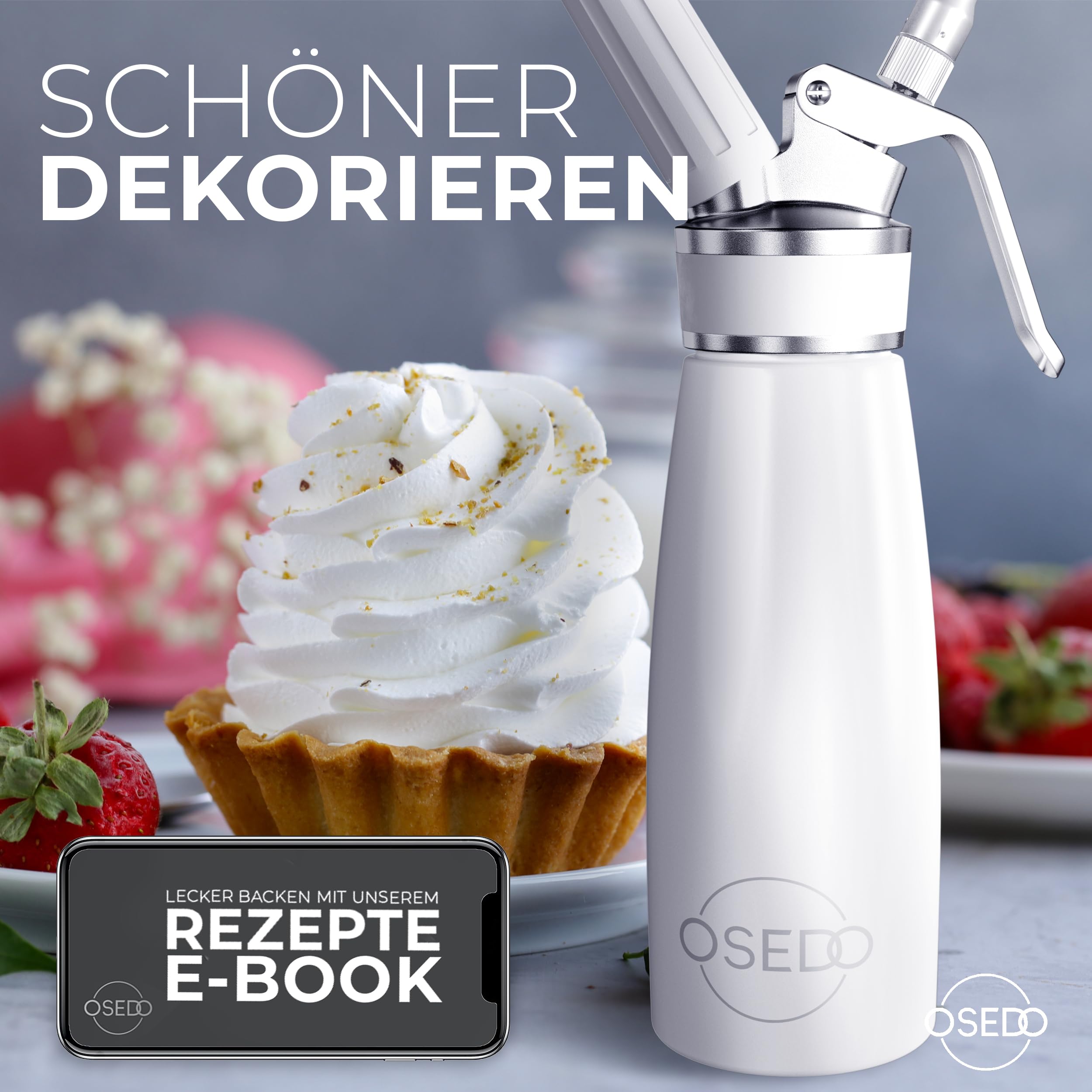 Sahnespender 500ml - inkl. 3 Edelstahl Tüllen + 2 Kapselhalter + Reinigungsbürste + Rezepte Ebook - Hochwertiger Aluminium Sahnesyphon für Sahne, Espumas, kalte und warme Saucen (Weiß)
