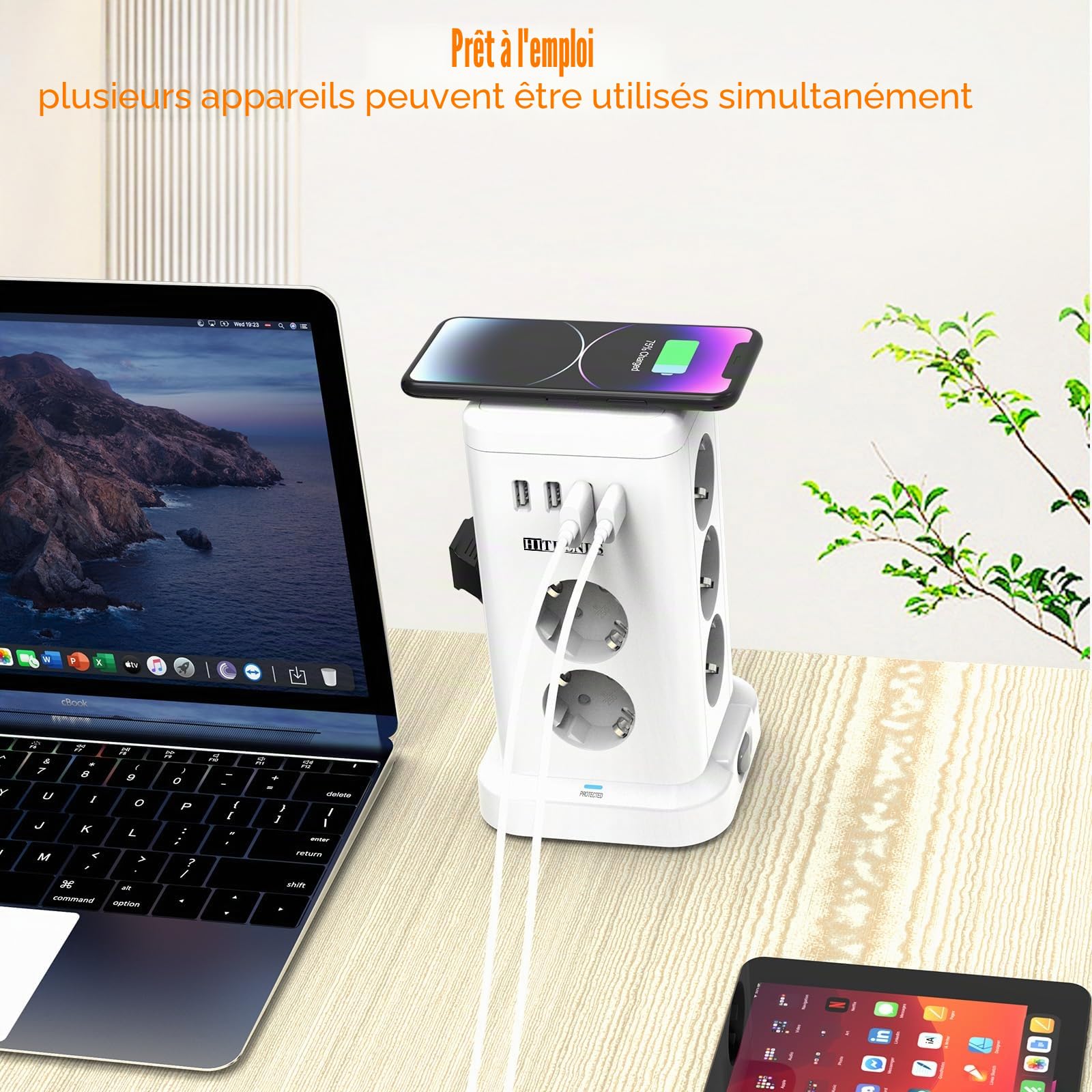 Tour de Prises 11 avec Chargeur sans Fil | Protection Contre Les Surtensions et Interrupteur | 3680W Max (16A) | 11 Prises EU + 4 Ports USB | Câble d'alimentation 2m | pour Bureau, Maison | Blanc