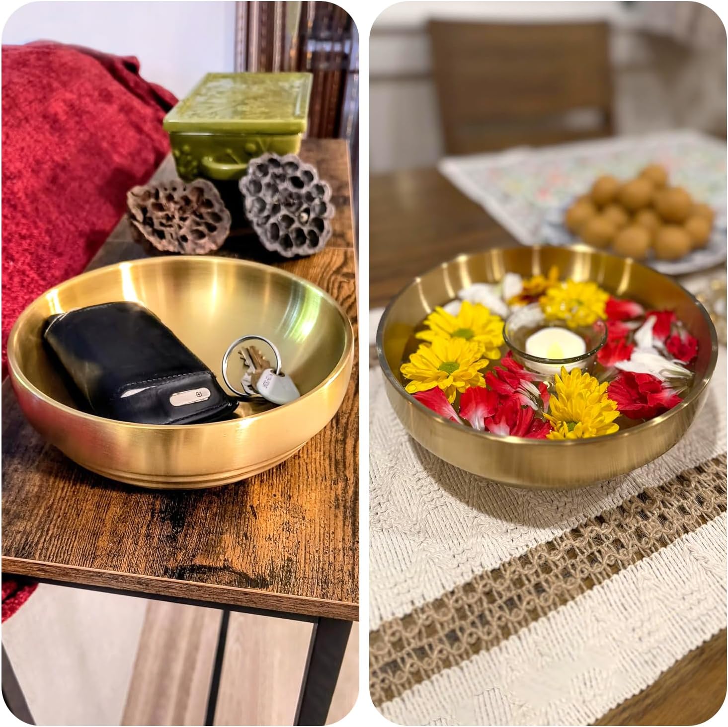 7.4 inch Gold Decorative Bowl for Home Decor - Modern Fruit Bowl for Kitchen Counter, Key Catch All & Entryway Table Centerpiece, Stylish Golden Finish