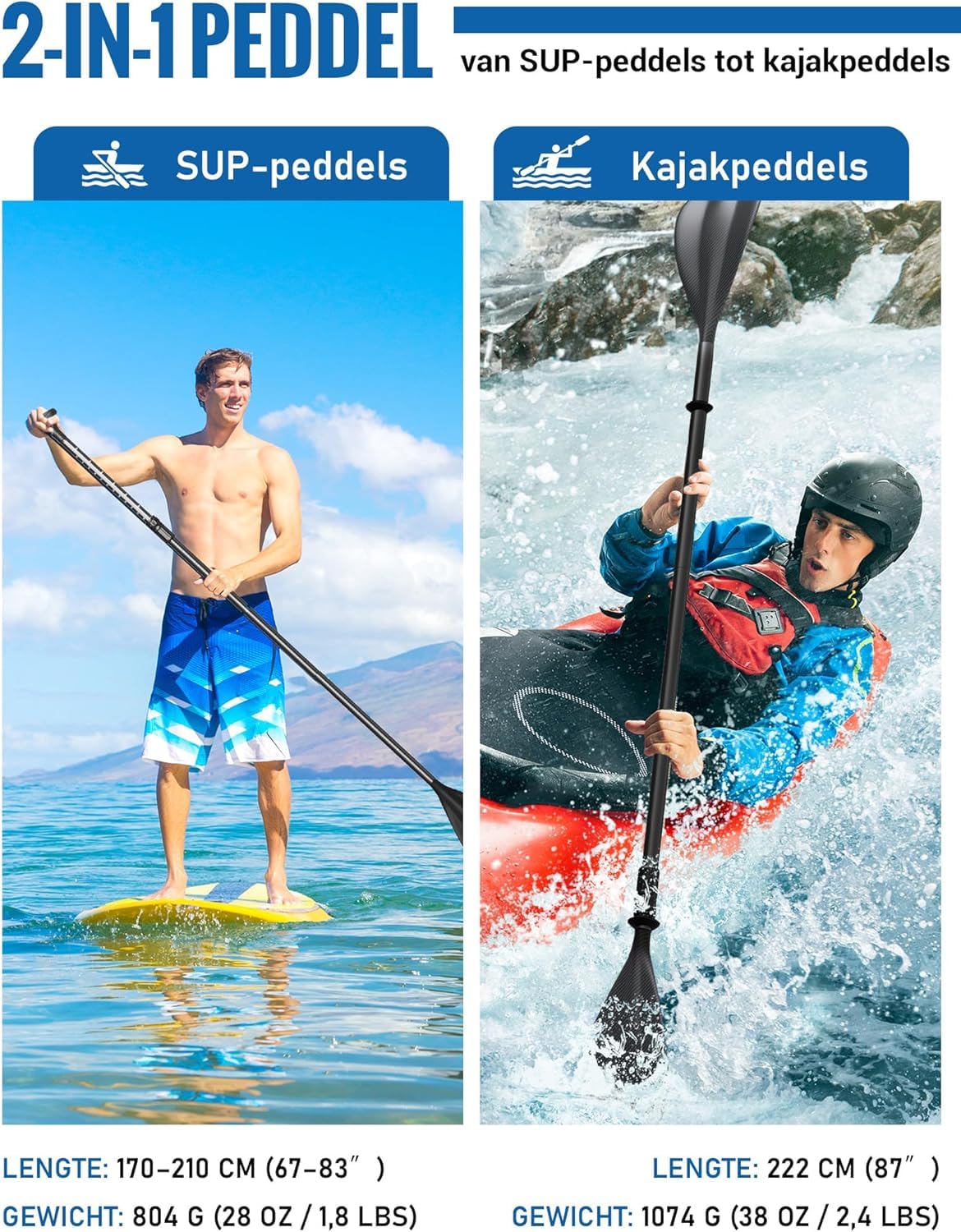 2-in-1 SUP Paddel [Carbon oder Aluminium], 4-teilig faltbar & verstellbar, mit verstärkten PP-Blättern, für Kajak und Stand Up Paddle Board