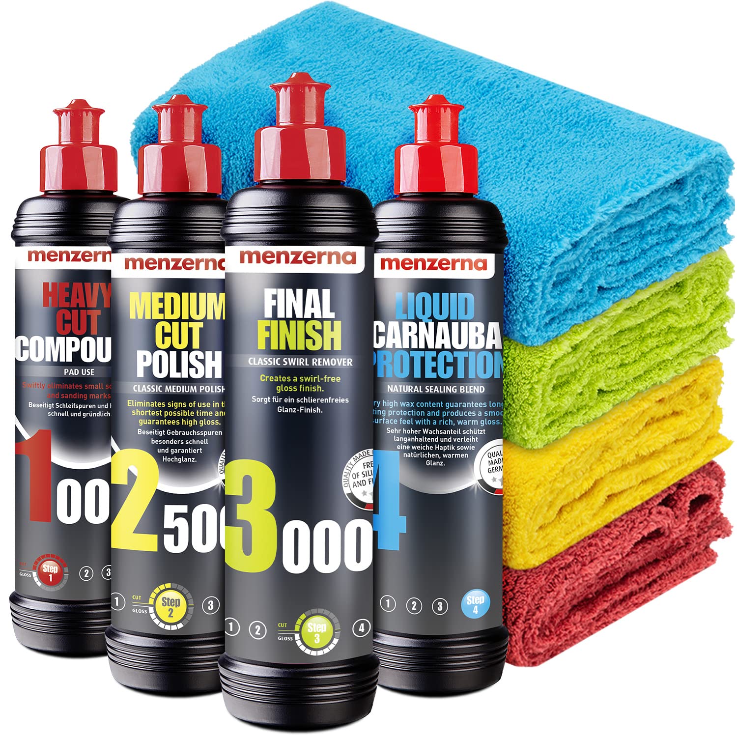 Detailmate Politur Set - Menzerna Autopolitur 250ml: Super Heavy Cut Compound HC1000 + Medium Cut 2500 + Final Finish FF3000 + Liquid Carnauba Versiegelung Wachs+ 4 Poliertücher für Auto Lack