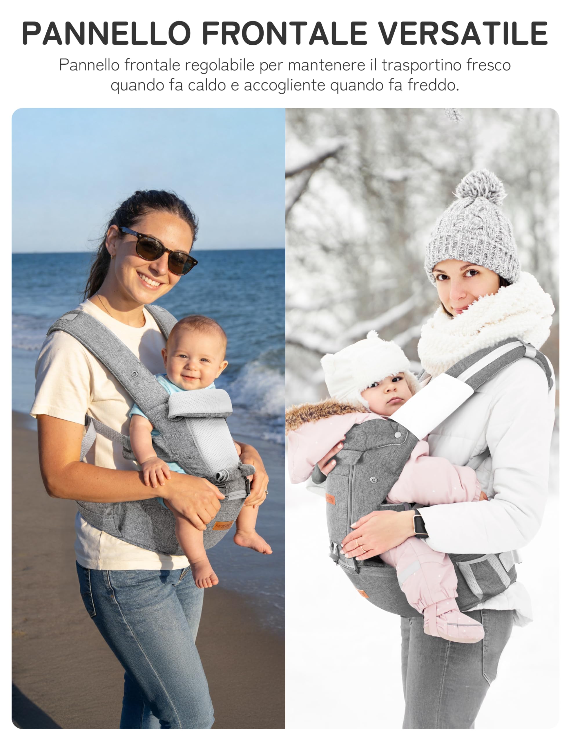 besrey Marsupio Neonato 4-36 Mesi con Seduta Ergonomica e Supporto Lombare | Per passeggiate e uso quotidiano: seduta a M, rete mesh traspirante e spallacci imbottiti; include 2 bavaglini in cotone.