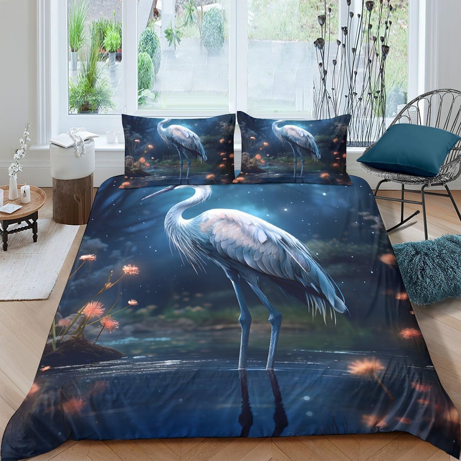 GPLZQXKJNH 3D Printed Night Heron Duvet Cover Microfiber Soft Breathable Water Reflection Bedding Set with 2 Pillowcases for Bedroom Decor Single（135x200cm）