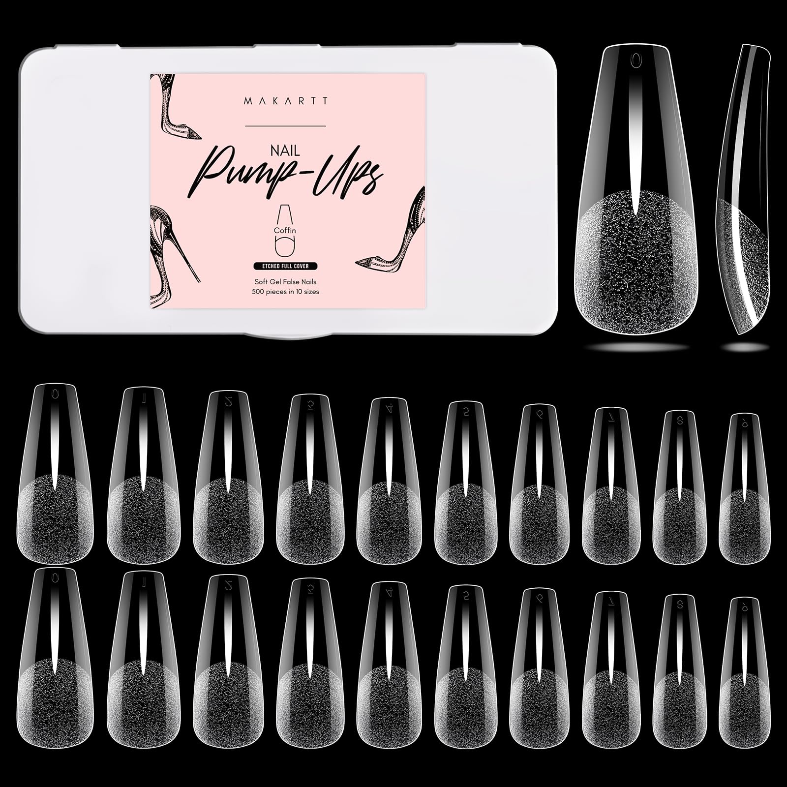 Makartt Coffin False Nail Tips: 500pcs Long Pre-buffed Full Cover Clear Press on Acrylic Nails Extension 10 Sizes No Crease Soak Off Soft Gel Fake Tip with Box Home DIY
