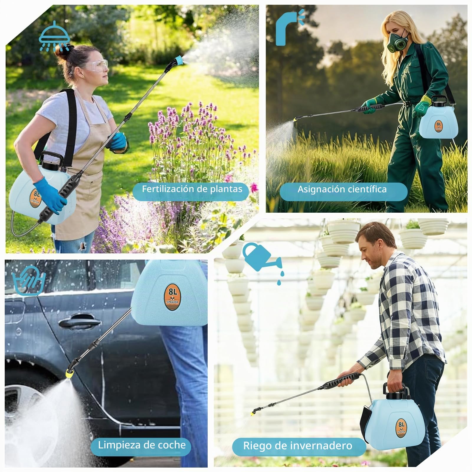 Nikou Pulverizador de Mochila a Presión, 8 litros Mochila Pulverizadora Eléctrico, con Correas de Hombro Ajustables para Horticultura, Silvicultura, Agricultura