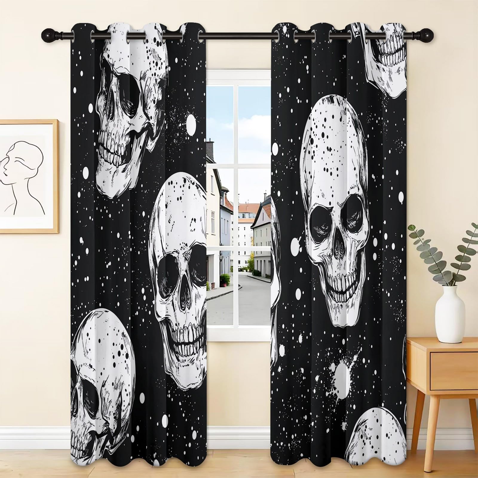 Komiksowe zasłony zaciemniające z nadrukiem 3D z motywem czaszki, gotyckie, 336 x 229 cm, izolacja termiczna, redukcja hałasu, zasłony okienne do sypialni dziecięcej, salonu, czarne