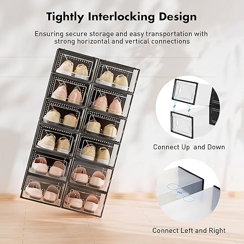 Miniatura 3 de Caja de almacenamiento de zapatos, paquete de 15 organizadores apilables de plástico transparente para armario, contenedores de zapatos de diseño