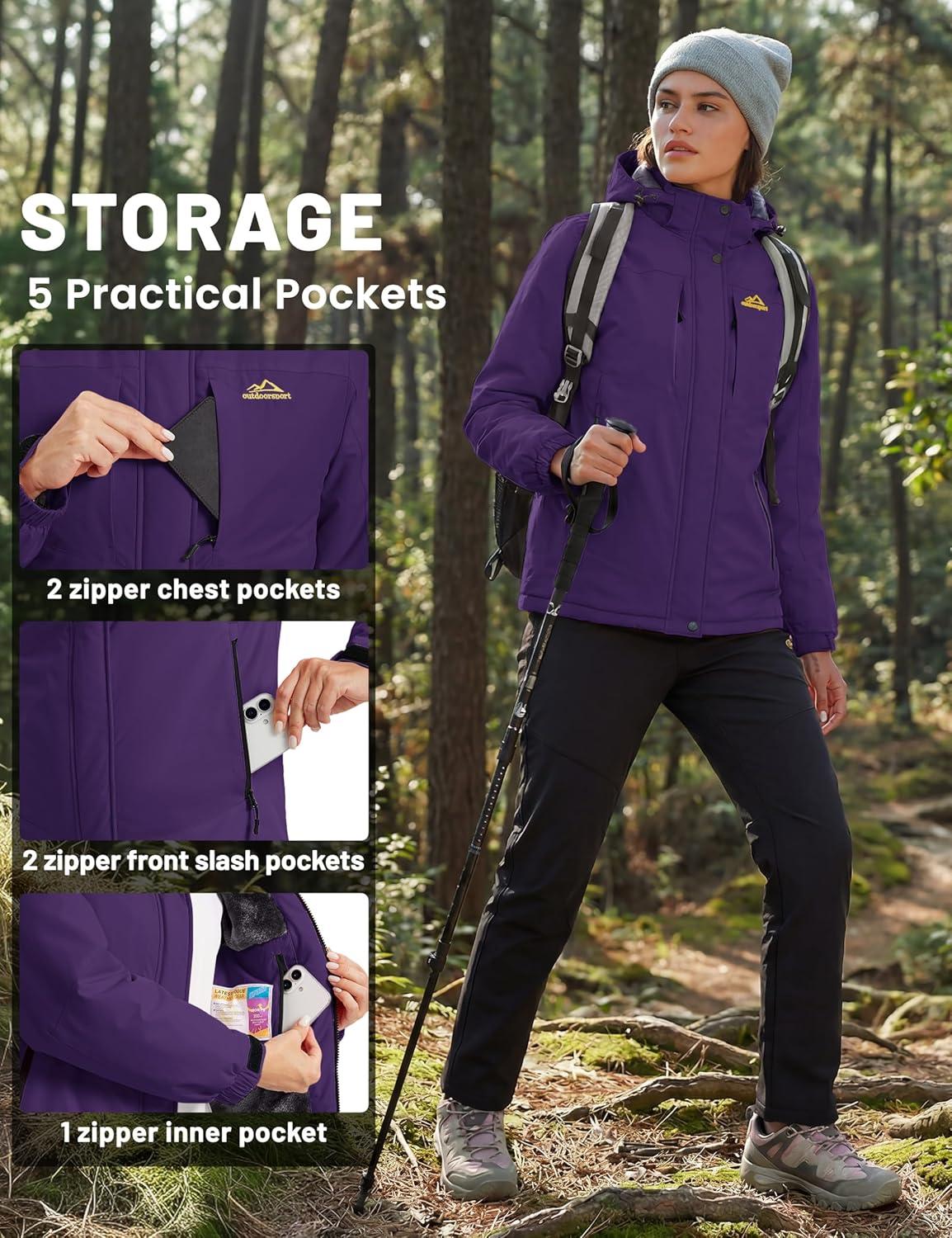 TACVASEN Women's Winter Jacket Waterproof Warm Ski Jackets Fleece Snow Coat with Hood Windproof Windbreaker - Image 5