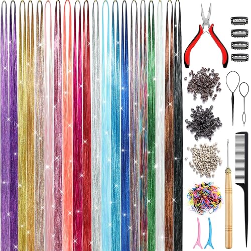 Kit de oropel para el cabello (20 colores, 4400 hebras, 48 pulgadas) Kit de extensiones de cabello de oropel chispeante con herramientas, kit de