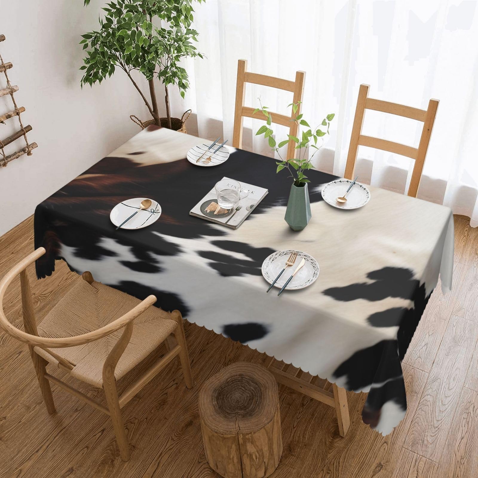 WPKJU Cowhide Printed Rectangle Tablecloth 72x54 Inch with Lace Trim, Water-Resistant Washable Table Cover for Farmhouse Weddings, Outdoor Picnics & Holiday Dining