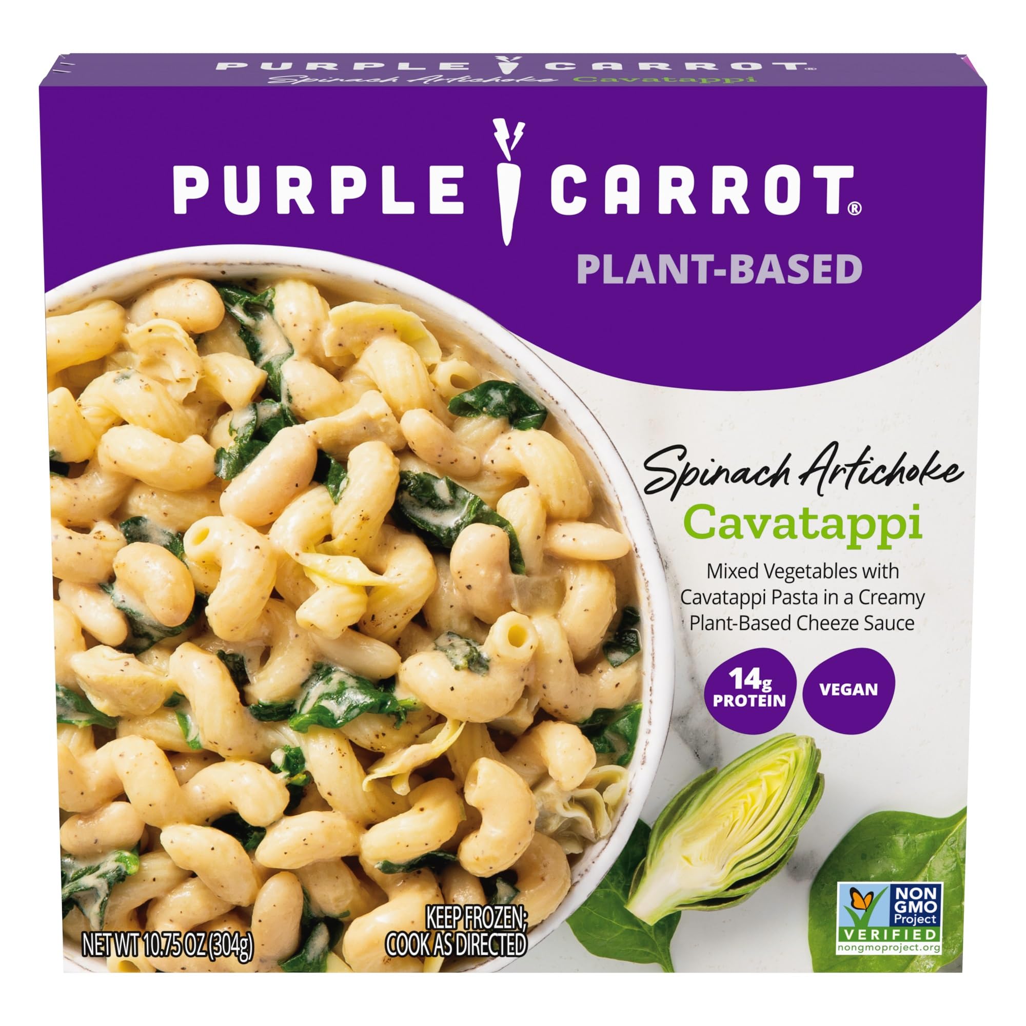 Purple Carrot Spinach Artichoke Cavatappi Pasta Bowl, Vegan Microwave Meal, Frozen Meal, 10.75 oz