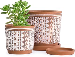 Set of 2 Terracotta Pots, 4 Inch & 6 Inch, Planter Pots for Plants with Drainage Holes and Saucers, Terracotta/White, Smal...