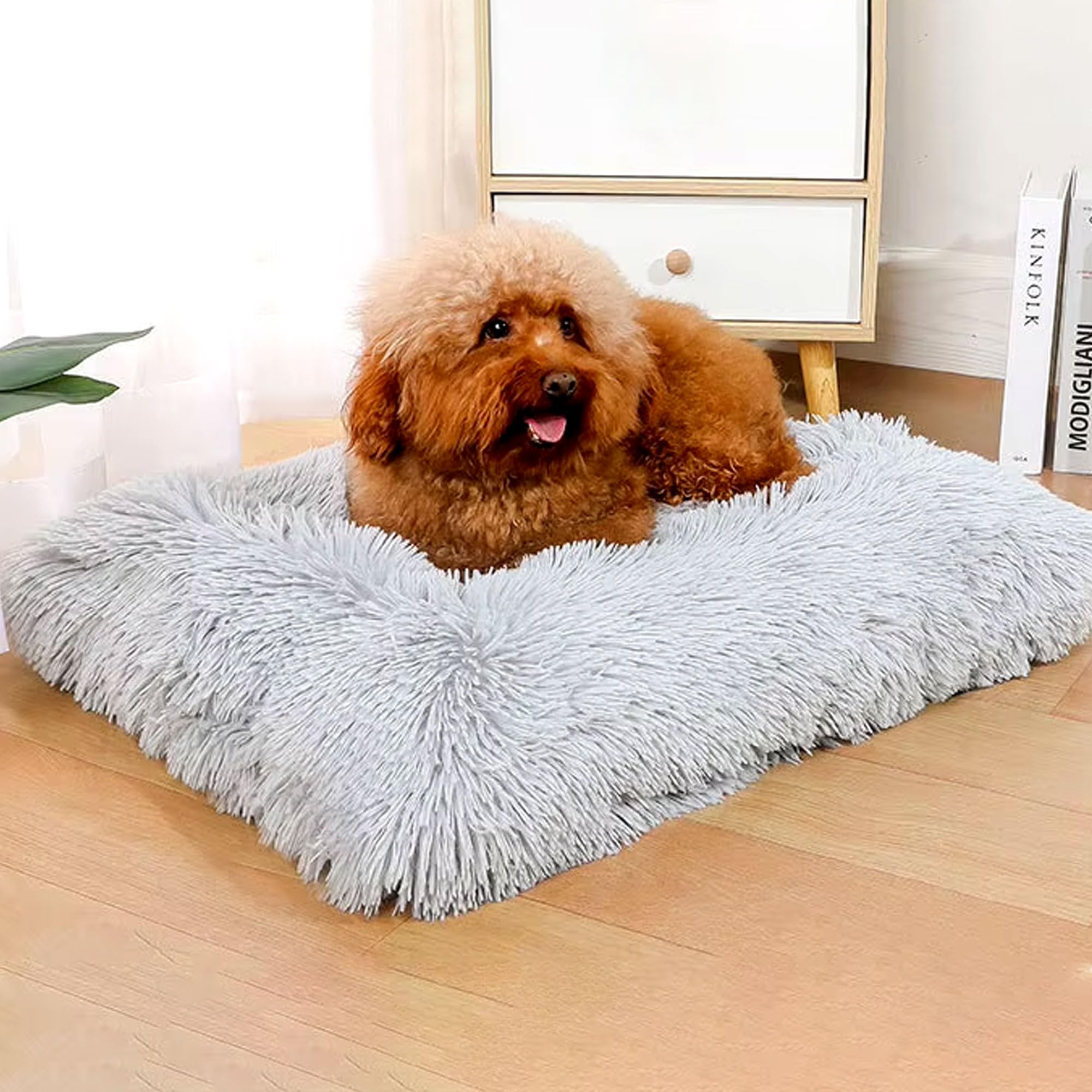 JupiterJX Medium Dog Bed Washable Plush Dog Crate Matters Calming Fluffy Cat Dog Beds Anti Anxiety, Soft Warm Puppy Dog Sleeping Mat With Non-Slip Back, For Medium Dogs (70x55cm, Light Grey)