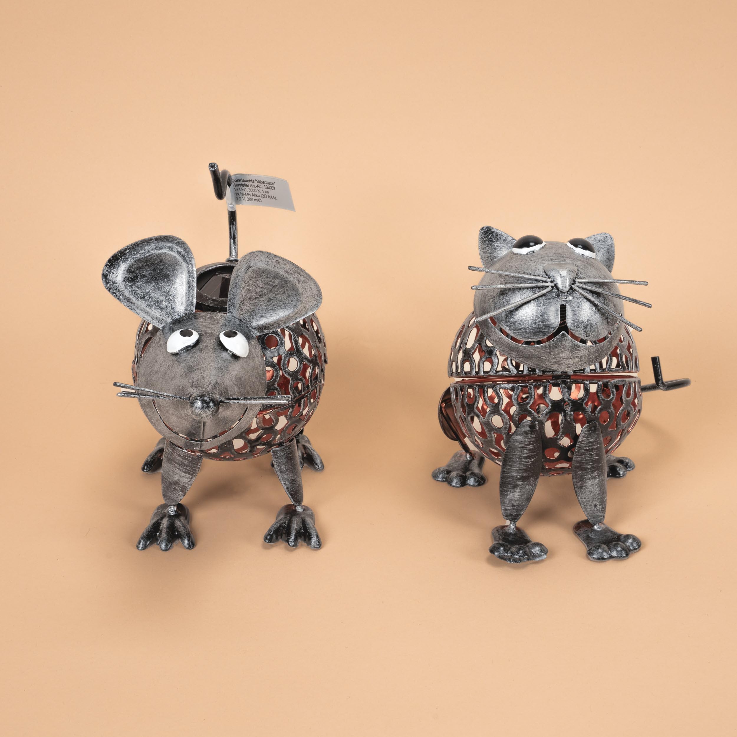 Esotec Solar Metall Figuren für den Garten Vogelpaar Katz & Maus, silberfarben, Akku, Solarmodul, LED Gartendekofigur 103100