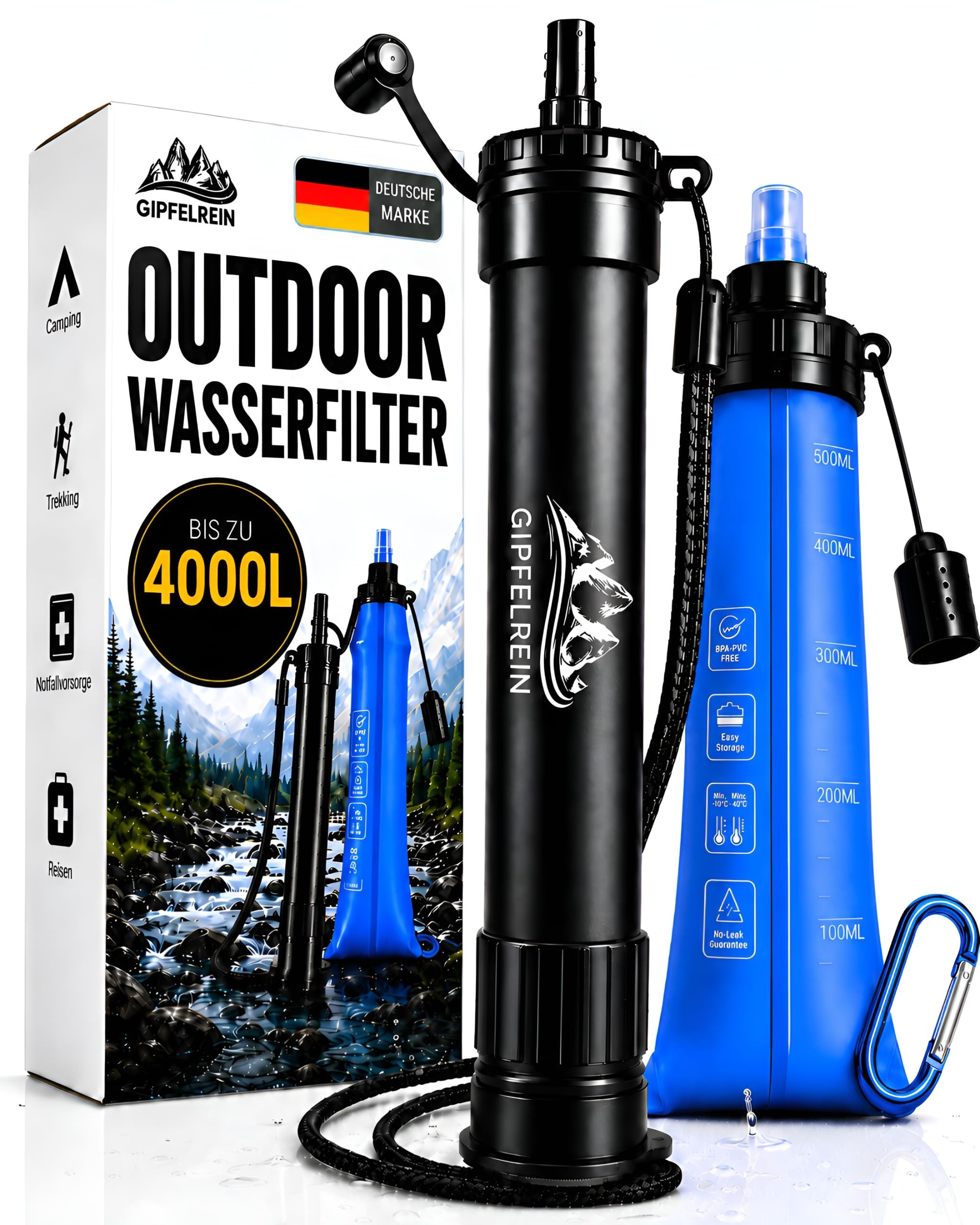 Wasserfilter Outdoor + faltbare Trinkflasche 0,5L I Tragbarer Trinkwasserfilter für Camping, Wandern & Survival I Filtert 99,99% der Bakterien I Trinkwasseraufbereitung für 4000L I Gipfelrein