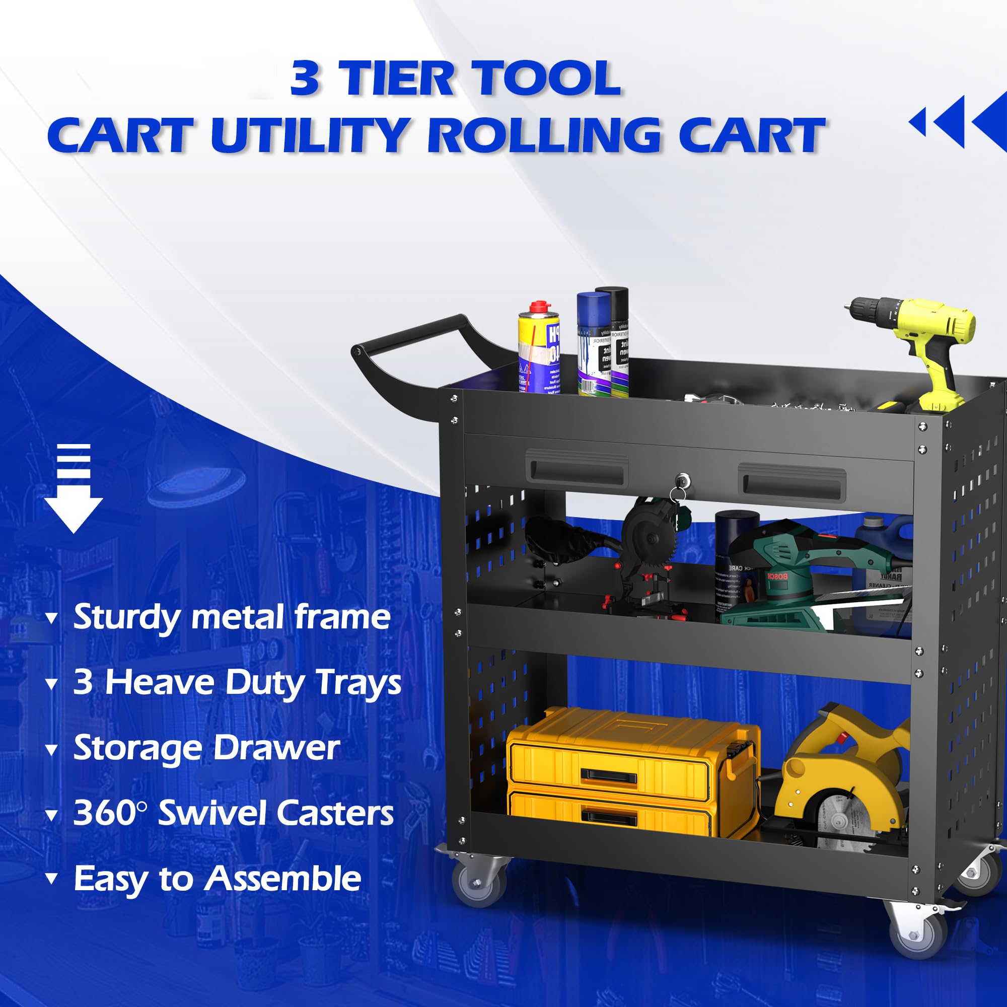 SUPEER Werkstattwagen Werkstatt-Rollwagen Montagewagen 78x35x70 cm,mit Abschließbare Schublade und Pegboard,4-Haken,Werkstätten,Lager Tragkraft 150 kg