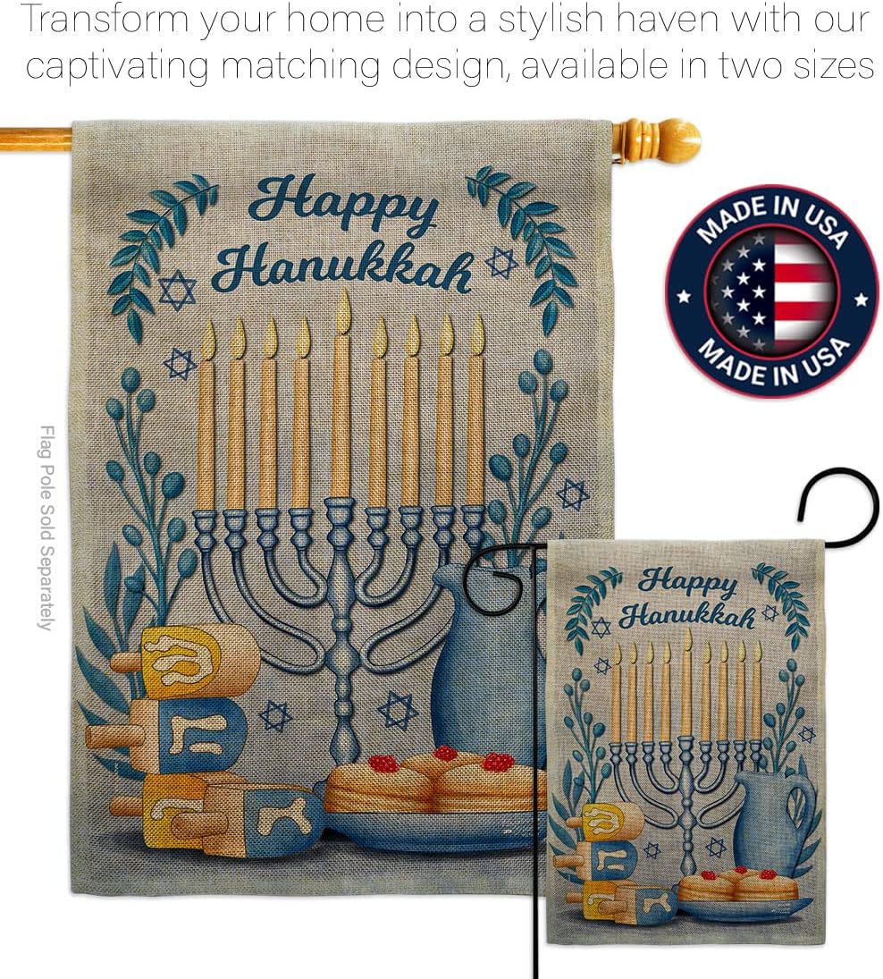 Happy Hanukkah Set Wall Holder Winter Candle Bonsai Menorah Jewish Chanukah David House Decoration Banner Small Yard Gift Double-Sided, Garden Flag 13"x 18.5", Thick Burlap