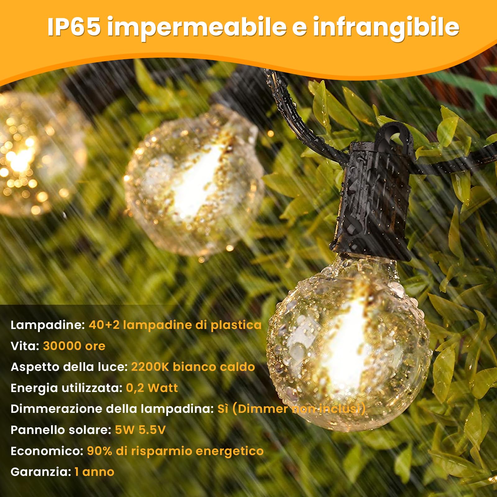 ZOTOYI Luci solari per esterni, 30 m, luci a festone da giardino, IP65, impermeabili, con 40+2 lampadine LED infrangibili, G40, luce bianca calda, per cortile, gazebo, recinzione, tetto delle feste