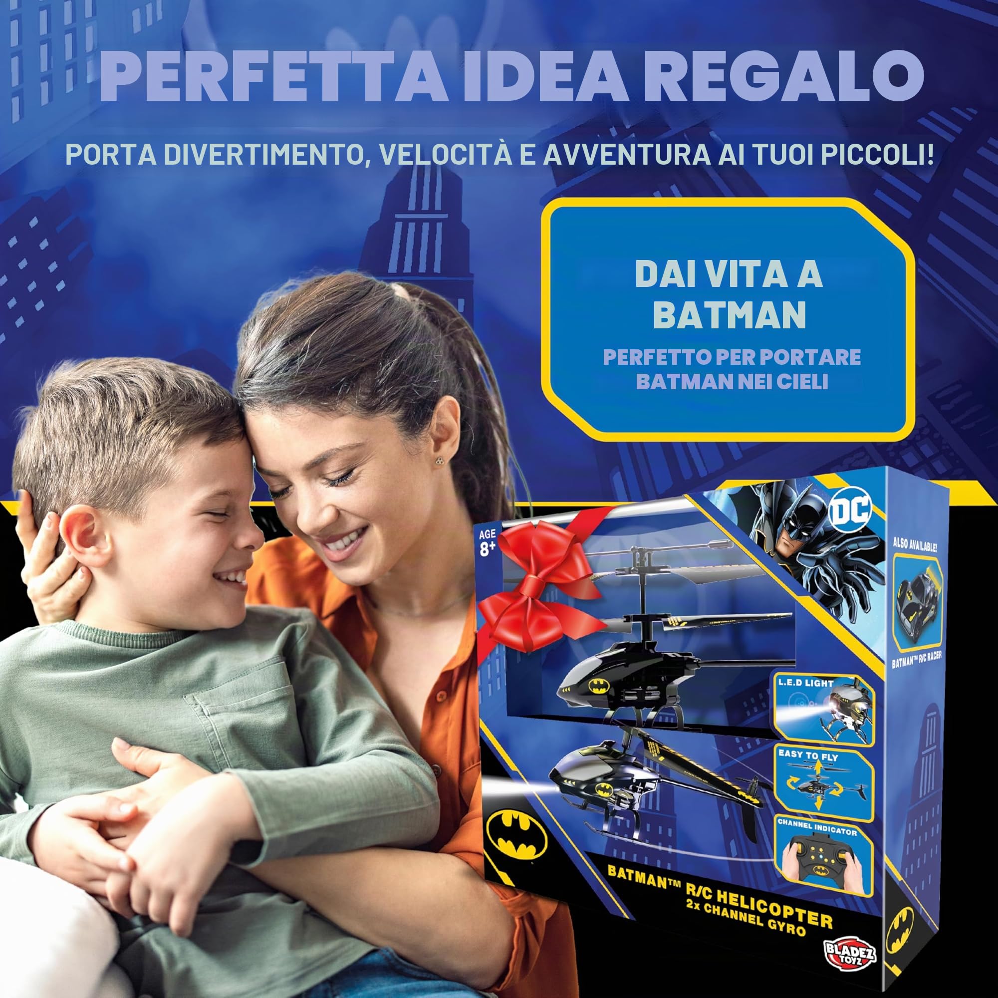 BLADEZ Elicottero Batman R/C 2 canali Gyro Batman, DC Comics, RC 2 canali con controllo giroscopico, facile da volare con luci, anti-collisione, giocattolo con licenza per bambini, Toyz