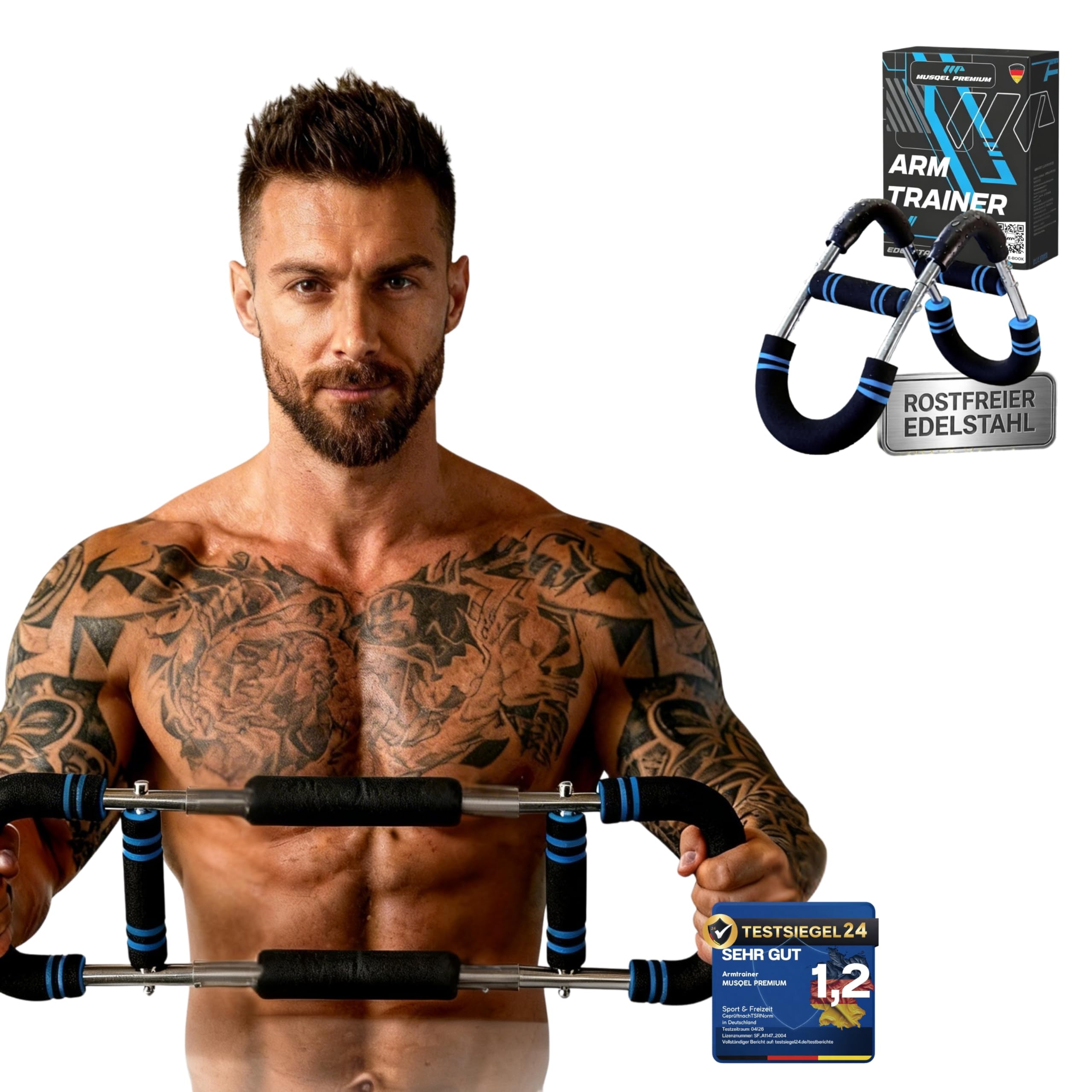 Power Twister Armtrainer, Brusttrainer Männer (20-30KG) / (30-50KG) - Trainingsgerät mit Anleitungen & Übungen, Rostfreier Edelstahl / Fitnessgerät für Zuhause & Outdoor - MUSQEL PREMIUM
