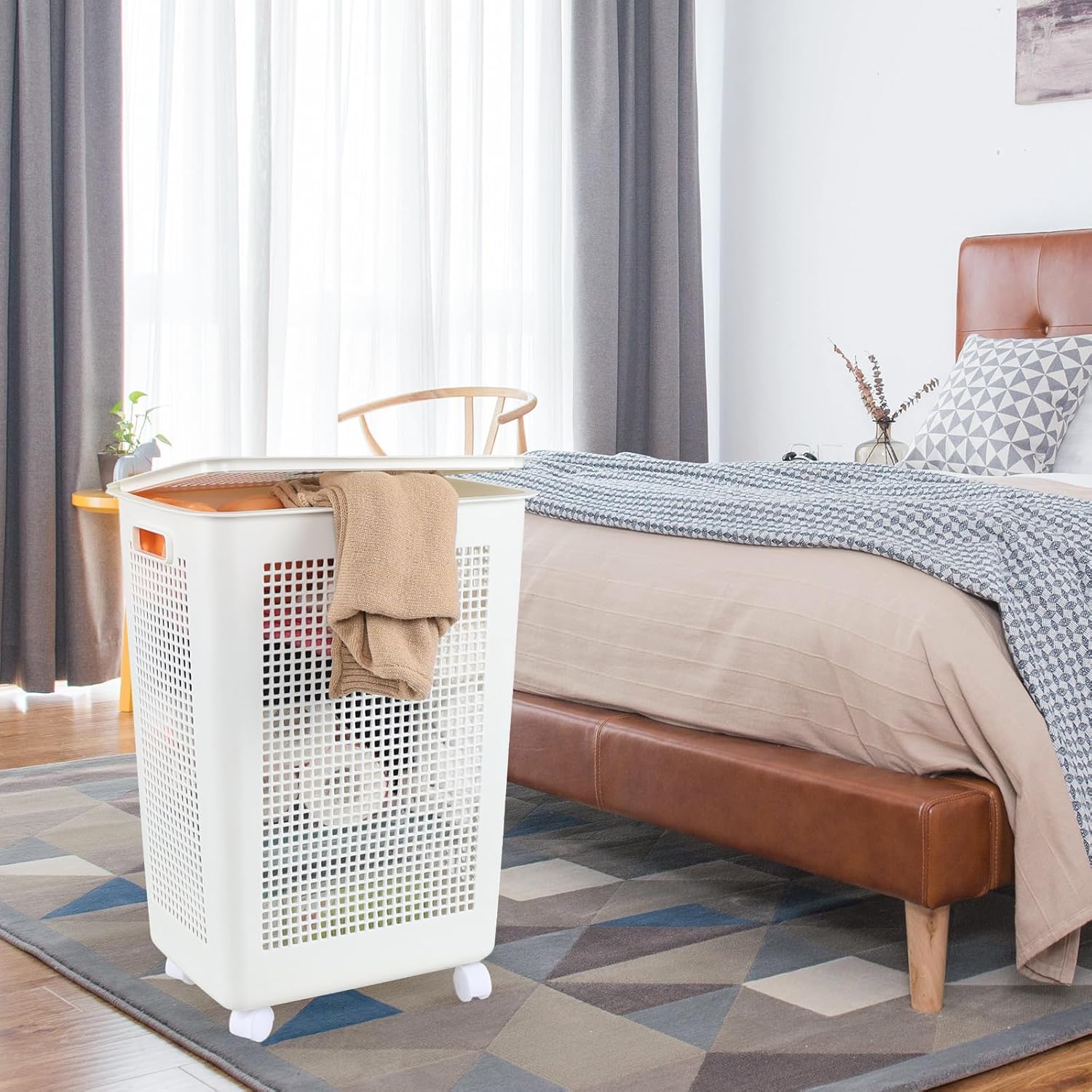 4-Pack 65 L Plastic Slim Laundry Hamper with Lid, Wheels and Pull Handles, Large Tall Laundry Basket, White