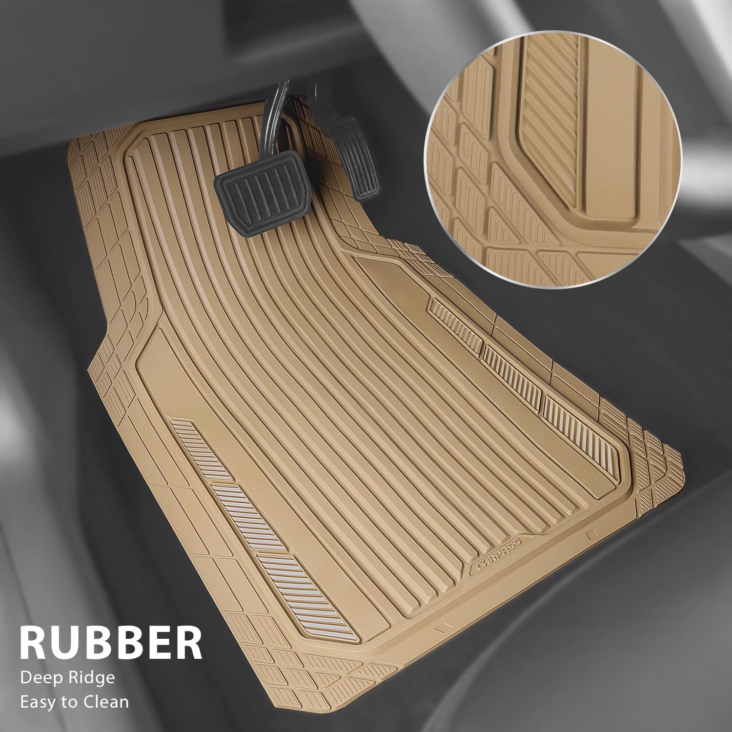 CAR PASS Heavy Duty Sporty Rubber Car Mats, Deep Dish All Weather Car Floor Mats Full Set, Waterproof Anti-Slip Automotive Matts Rugs Trim to Fit for Most Sedans SUVs, 4-Piece All Beige - Image 2