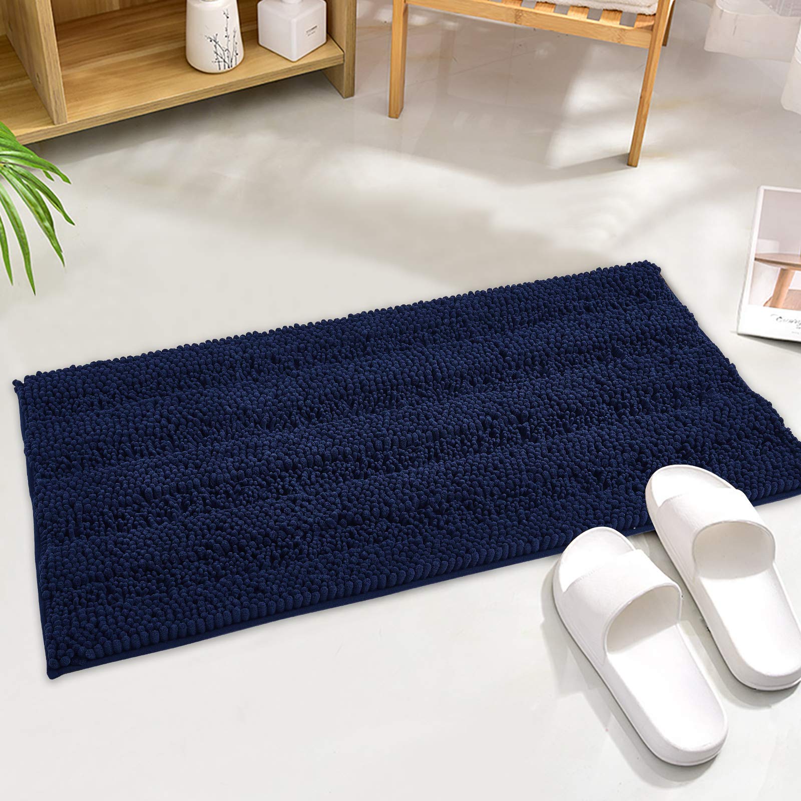 KGORGE Navy Blue Bath Mat - Quick Drying Chenile 47" x 17" Bathroom Rugs Thick Shaggy Floor Cover Water Absorbent Shower Carpet for Toilet Door Way
