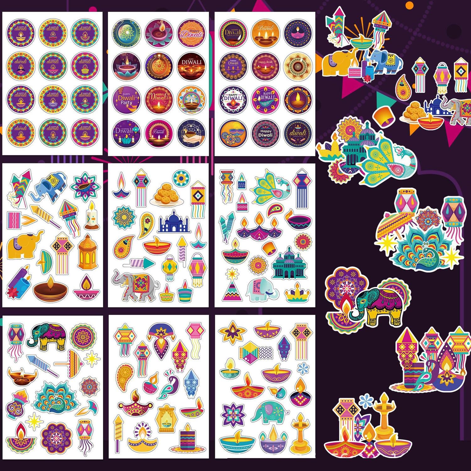 126 pcs Diwali Sticker Happy Diwali Stickers Self-Adhesive & Waterproof Stickers Flower Labels for Greeting Card Laptop Bottle Diwali Party Decoration Supplies