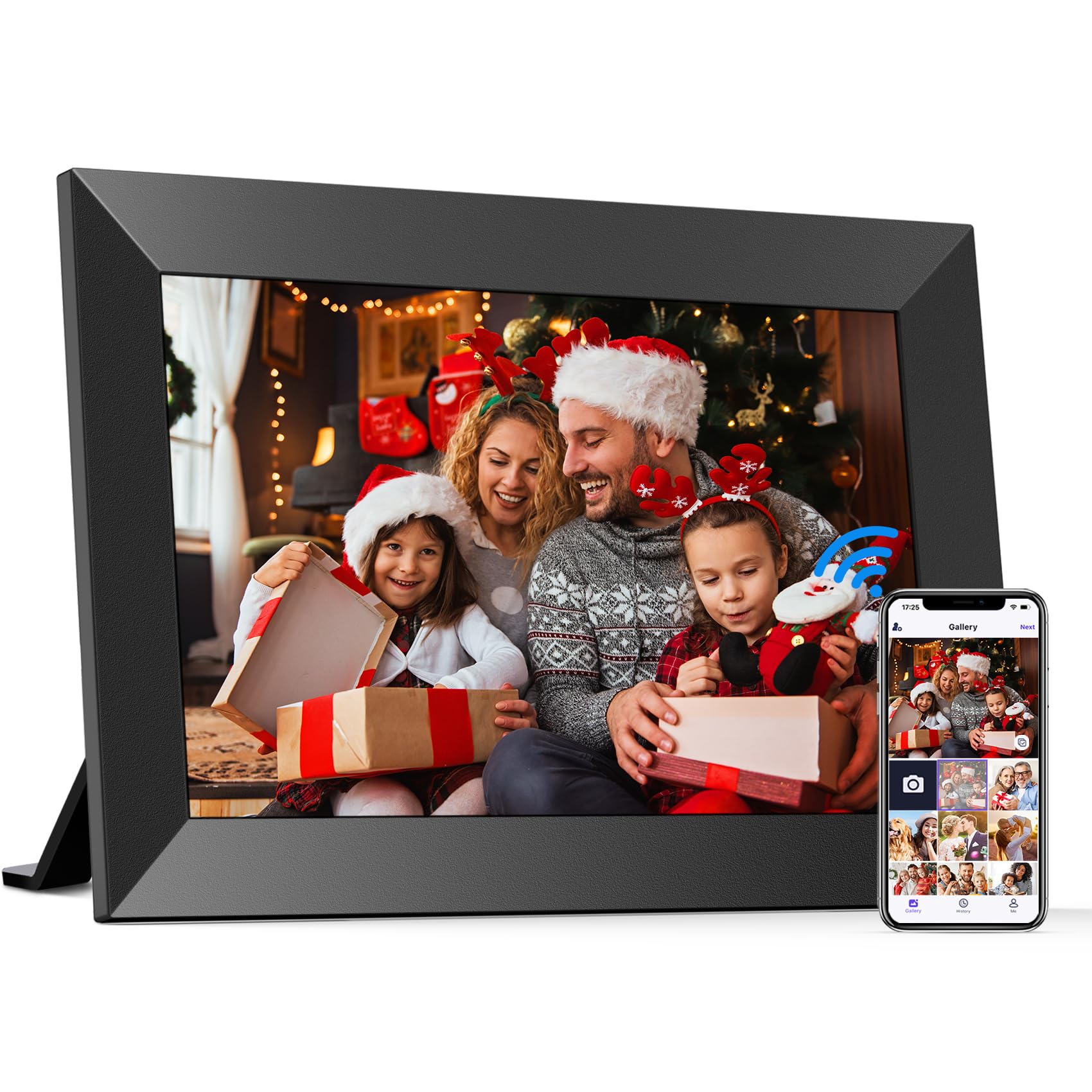 BIGASUO Marco de fotos digital WiFi de 10.1 pulgadas, resolución HD de 1280 x 800, marco de fotos inteligente con memoria de 32 GB