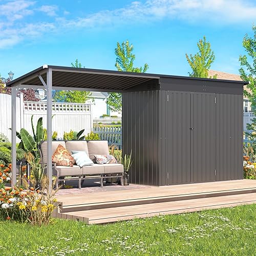 AECOJOY Outdoor Storage Shed Open-Sided Metal Shed, 8x4 Sheds & Outdoor Storage with 56 Sq. Ft Covered, 4'x8' 2-in-1 Tool Shed with Attached Hardtop Metal 6‘x4’ Gazebo