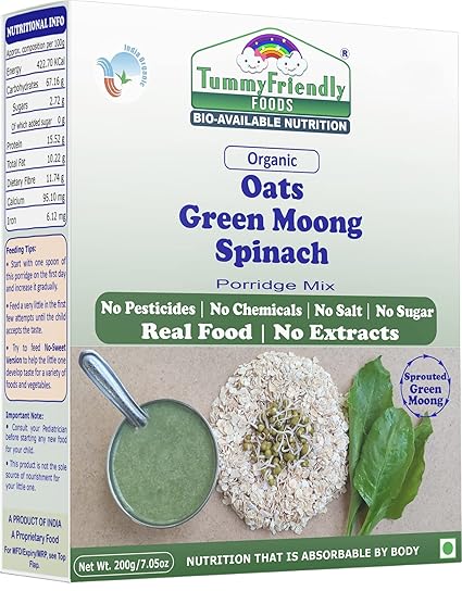 TummyFriendly Foods Certified Organic Oats, Sprouted Green Moong, Spinach Porridge Mix | Oats for Baby Food | Made of Sprouted Whole Green Moong, Oats and Baby Spinach | Organic Oats for baby 8 months | Organic Oats for baby 1 year | Rich in Protein and Iron | No Sugar, No Salt, No Milk, No Chemicals, No Pesticides & No GMO | Maximum Possible Nutrition From Real-Food | 9 Month Shelf Life | 200g