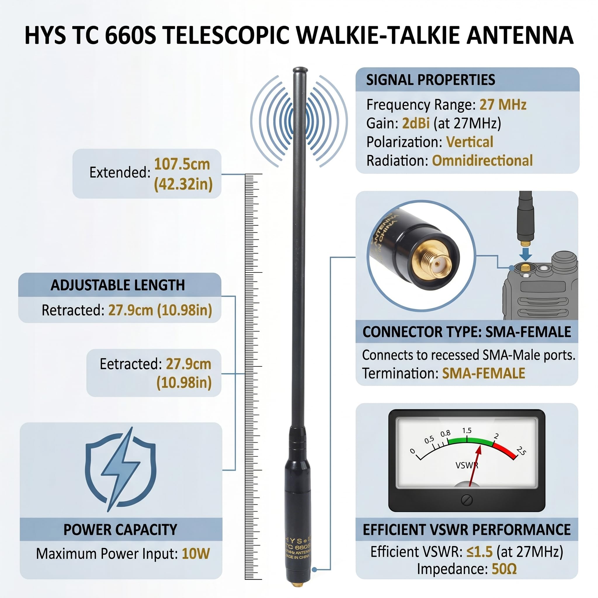 HYS Antenna radio 27Mhz CB, compatibile con Quansheng UV-K5 (8), K6, TK-11(5), TK-11(8) Radio portatile, SMA femmina, antenna telescopica (RH660)