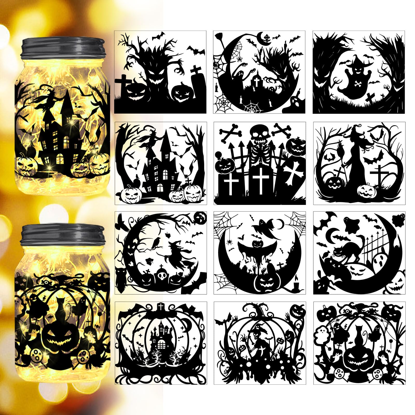 Peacoblue Halloween Silhouette Mason Jar Decor, Lantern Cutouts 12PCS